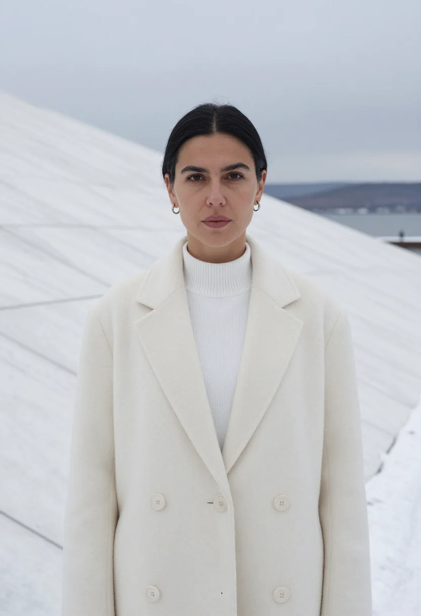 AI oslo opera white sample — portrait of a woman, framed as a tight headshot from the cro