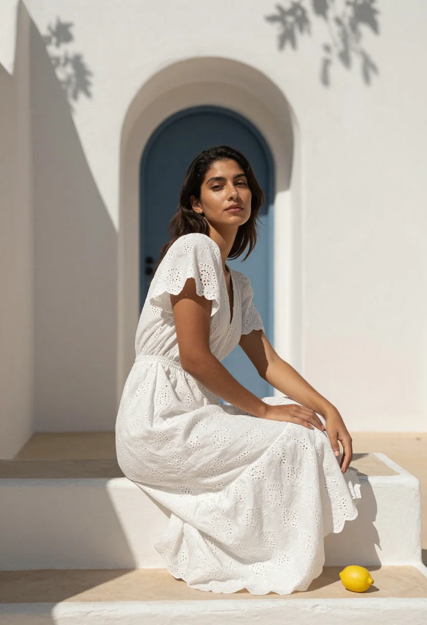 AI ostuni white sample — portrait of a woman, framed from the waist up, a woman in he