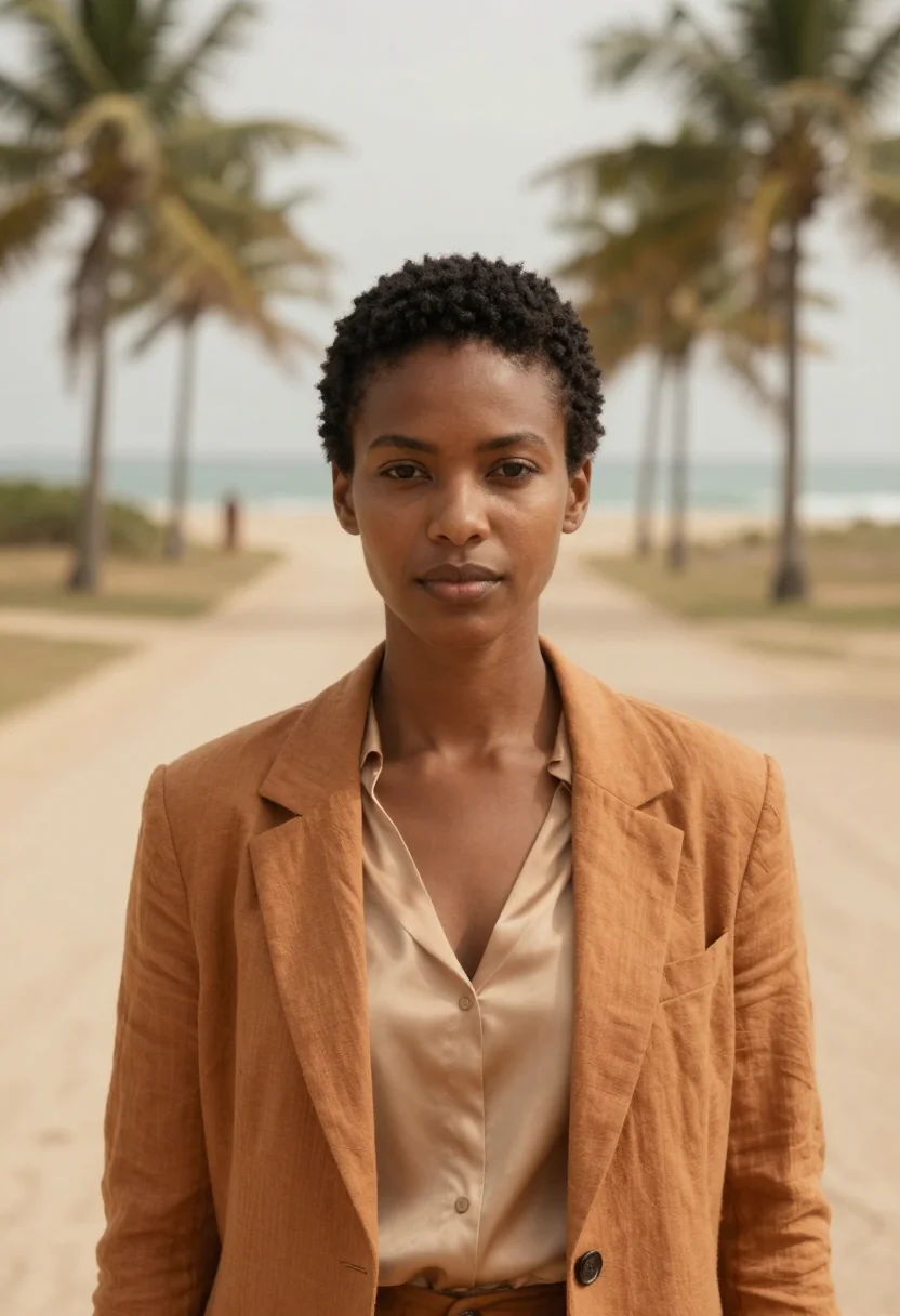 AI ouidah historian route ochre sand sea sample — portrait of a woman, a Fon historian in her late twenties wi