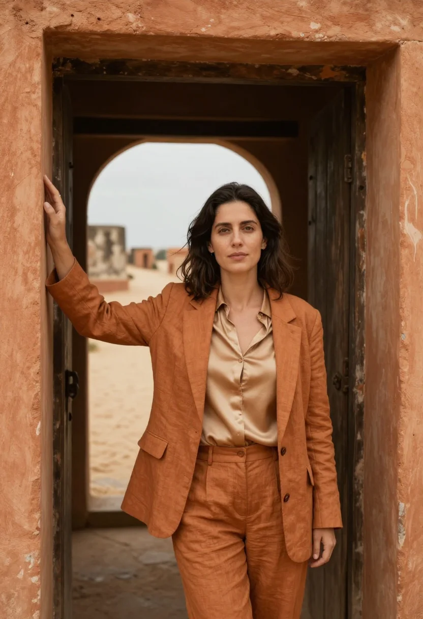AI ouidah historian route ochre sand sea sample — portrait of a woman, a Portuguese historian in her late thir