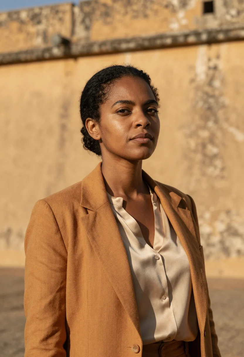 AI ouidah historian route ochre sand sea sample — portrait of a woman, an Afro-Brazilian historian in her late