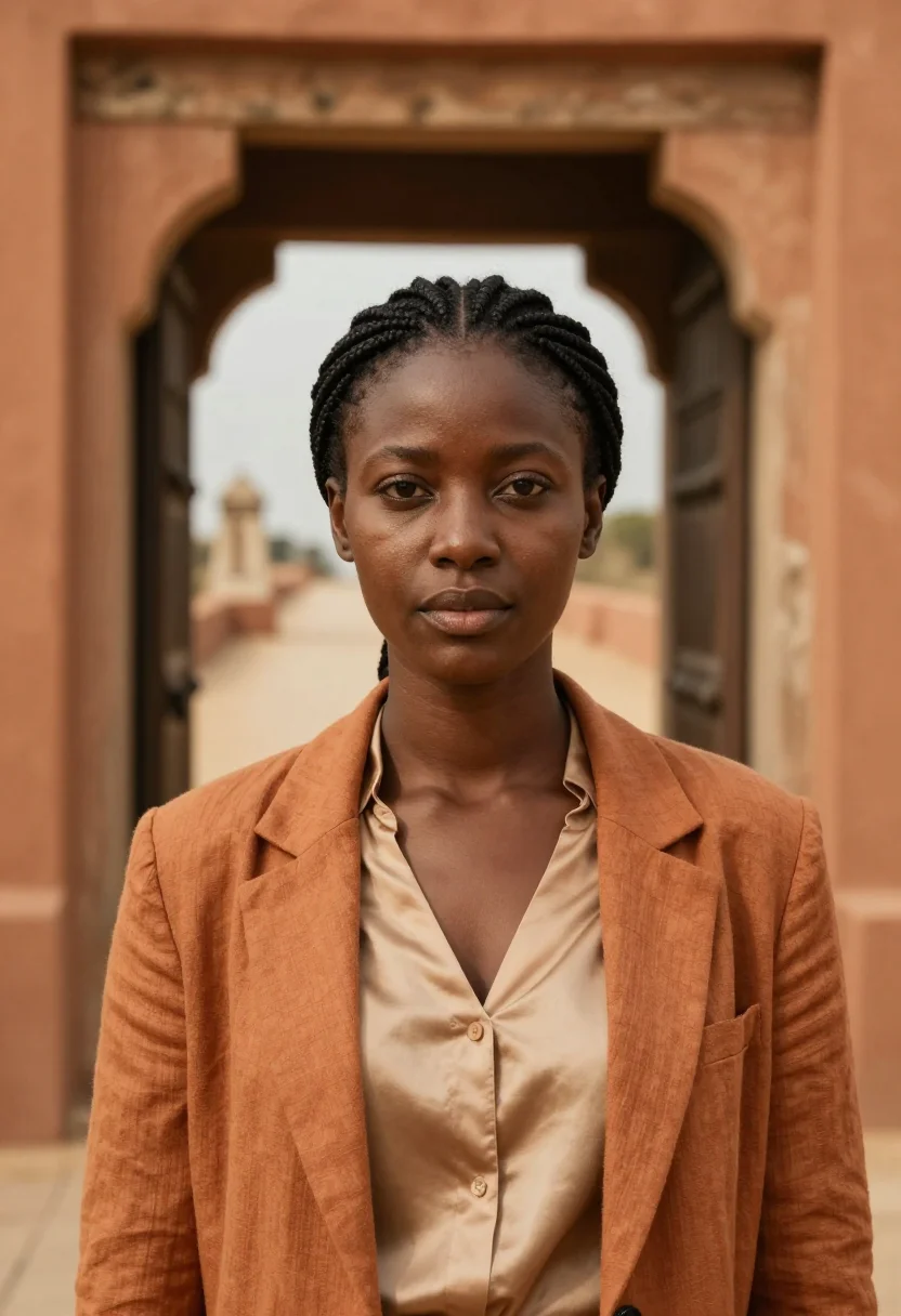 AI ouidah historian route ochre sand sea sample — portrait of a woman, a Yoruba historian in her early thirtie