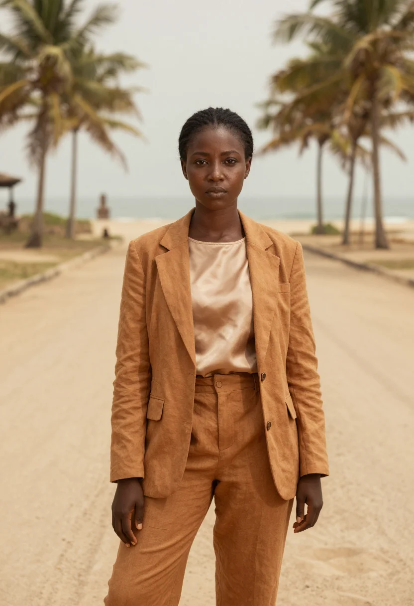 AI ouidah historian route ochre sand sea sample — portrait of a woman, a Yoruba historian in her mid-thirties