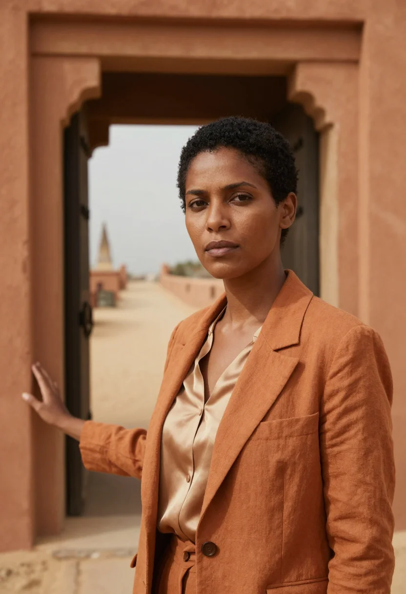 AI ouidah historian route ochre sand sea sample — portrait of a woman, a Mina historian in her mid-forties wit