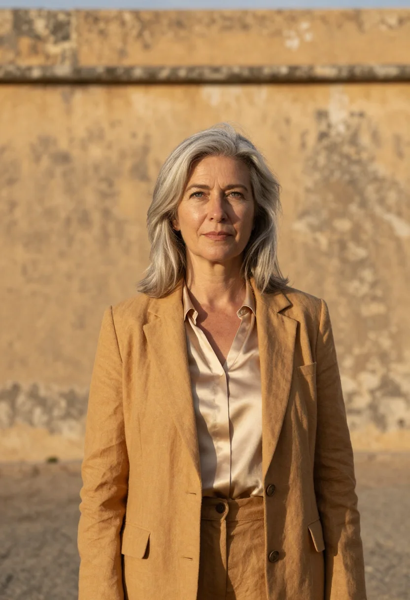 AI ouidah historian route ochre sand sea sample — portrait of a woman, a French historian in her early fifties