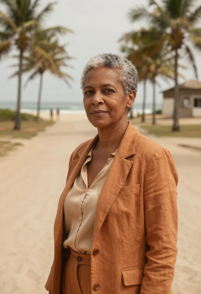AI ouidah historian route ochre sand sea sample — portrait of a woman, an Afro-Brazilian historian in her earl