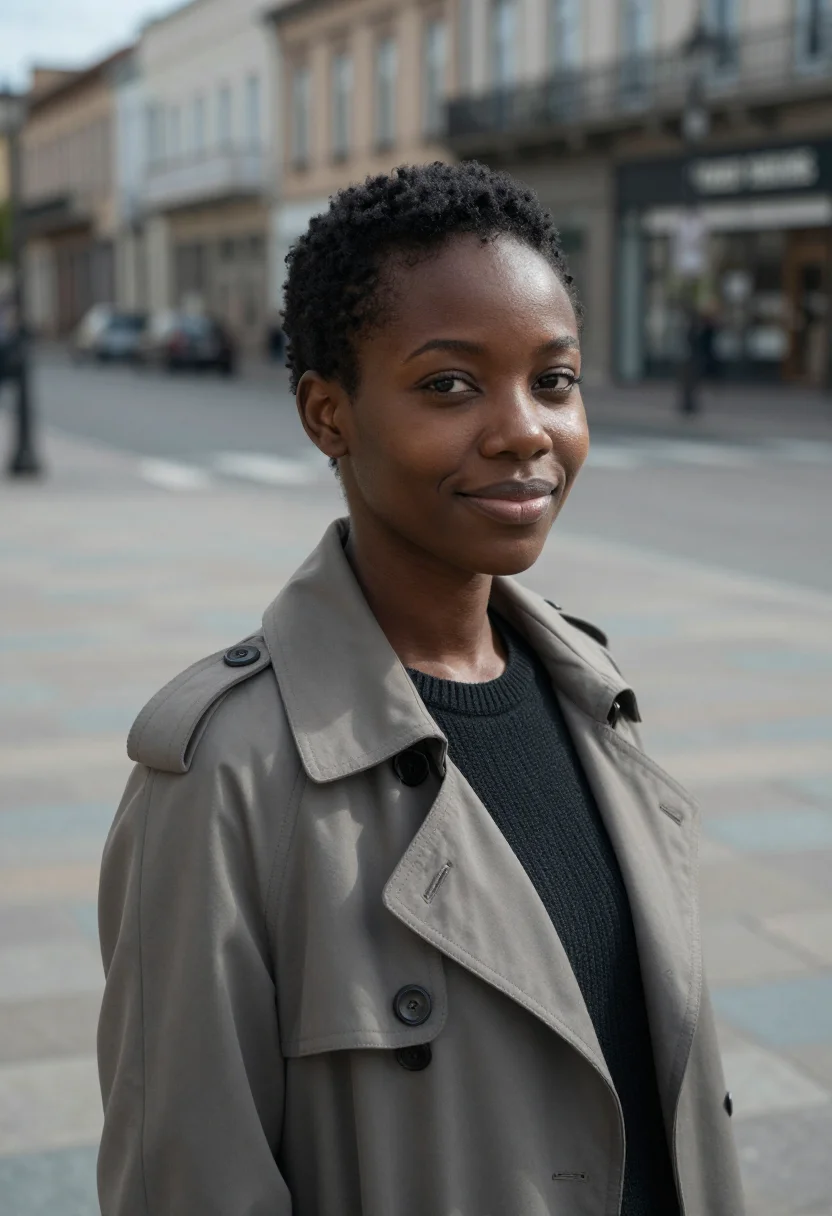 AI outdoor urban headshot sample — tight head-and-shoulders portrait of a woman in her mid-twen