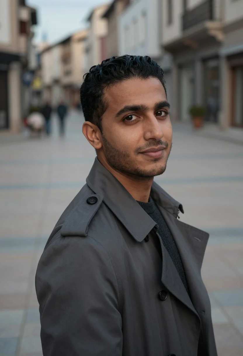 AI outdoor urban headshot sample — head-and-shoulders portrait of a man in his early thirties,