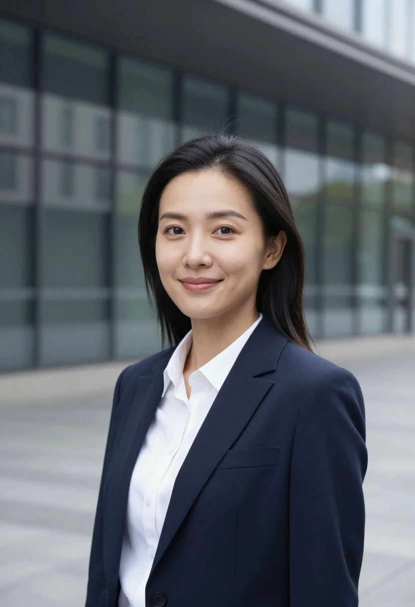 AI outdoor urban headshot sample — head-and-shoulders portrait of a woman in her early thirties
