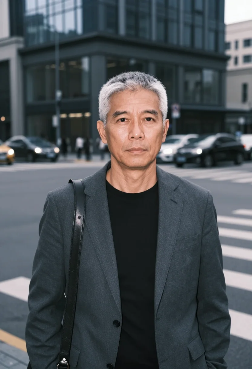 AI outdoor urban headshot sample — chest-up portrait of a man in his mid-fifties, East-Asian, w