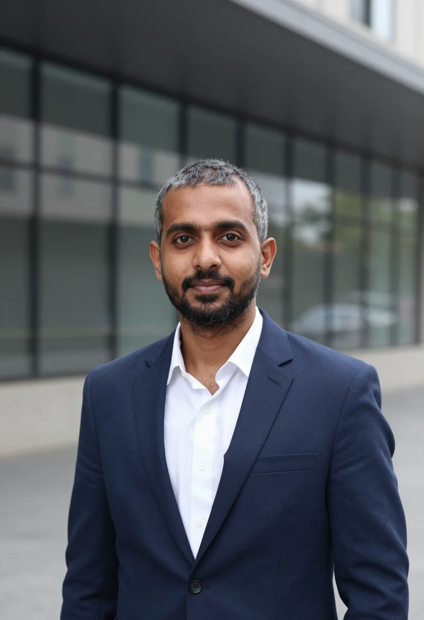 AI outdoor urban headshot sample — tight head-and-shoulders portrait of a man in his mid-fortie