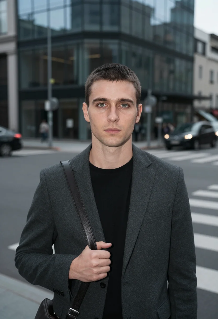 AI outdoor urban headshot sample — chest-up portrait of a man in his late twenties, Western-Eur