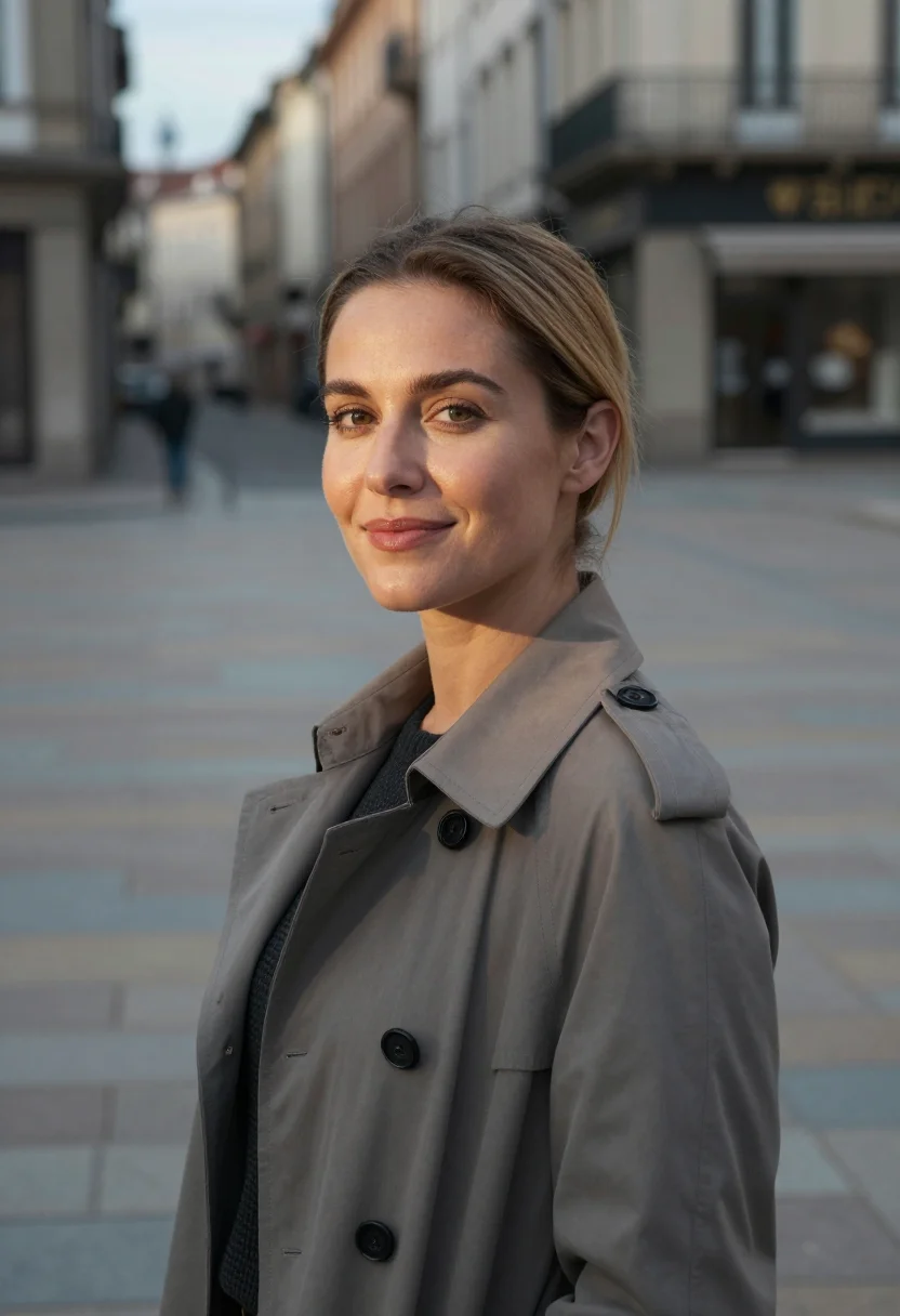 AI outdoor urban headshot sample — head-and-shoulders portrait of a woman in her late thirties,
