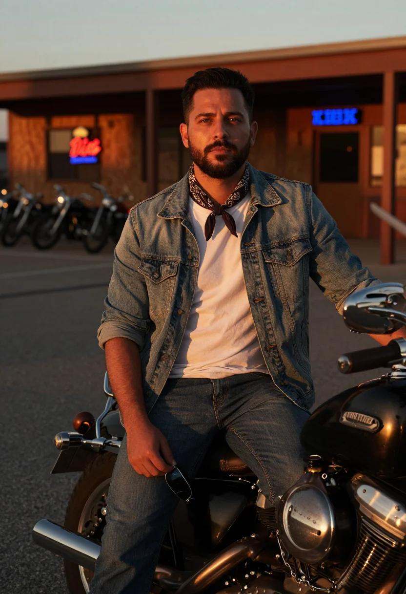 AI outlaw biker sample — portrait of a man, three-quarter-length portrait of an Itali