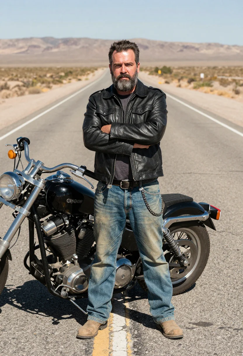 AI outlaw biker sample — portrait of a man, waist-up portrait of a white man in his m