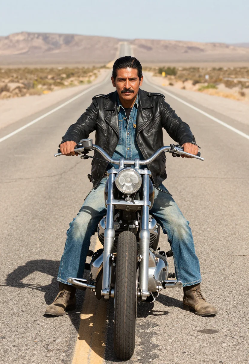 AI outlaw biker sample — portrait of a man, three-quarter-length portrait of a Latino