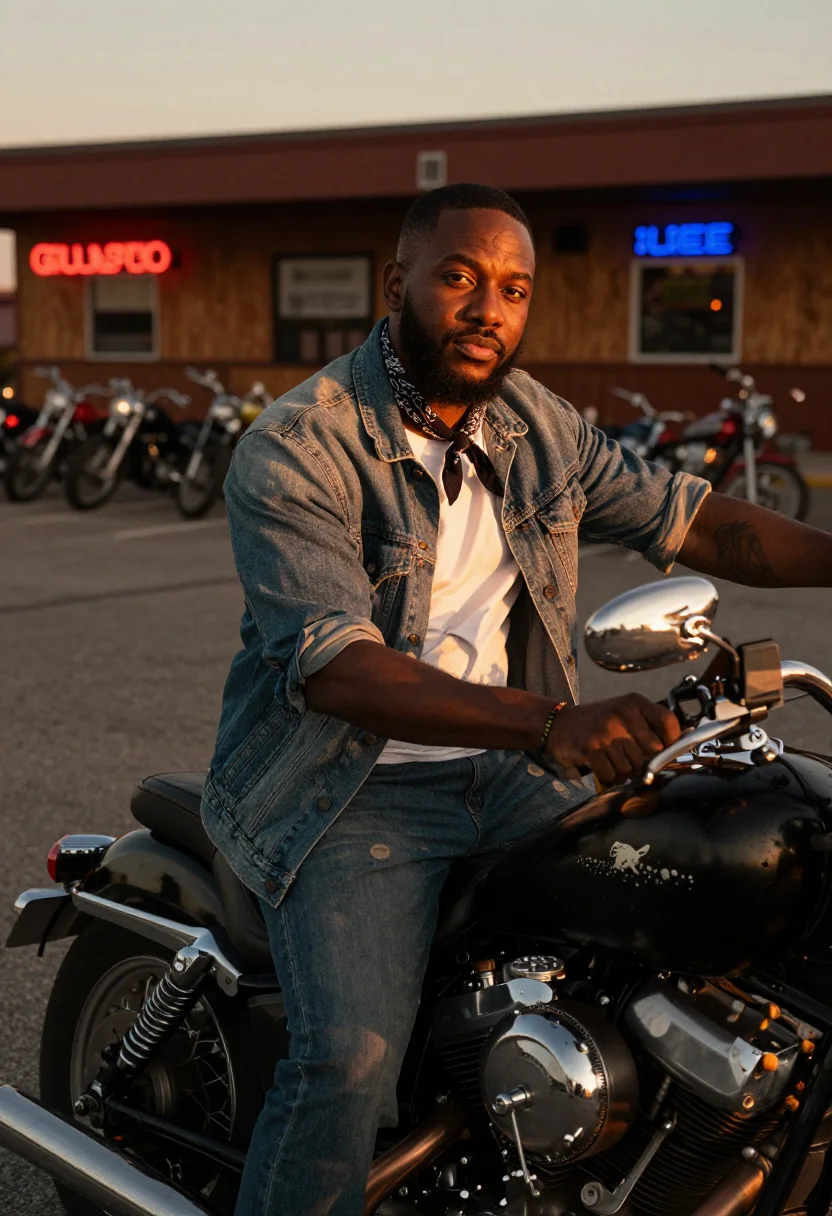 AI outlaw biker sample — portrait of a man, waist-up portrait of a Black American man