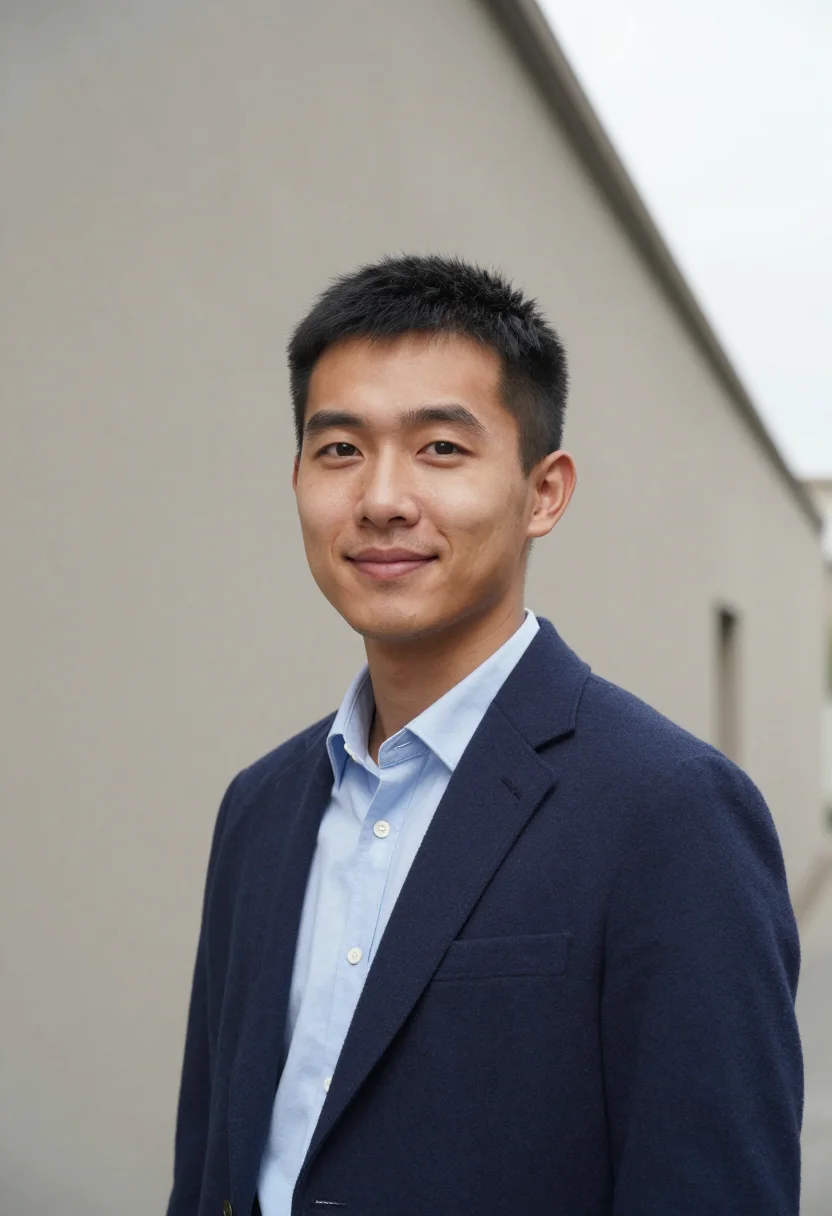 AI overcast daylight headshot sample — tight head-and-shoulders portrait of a man in his late twent