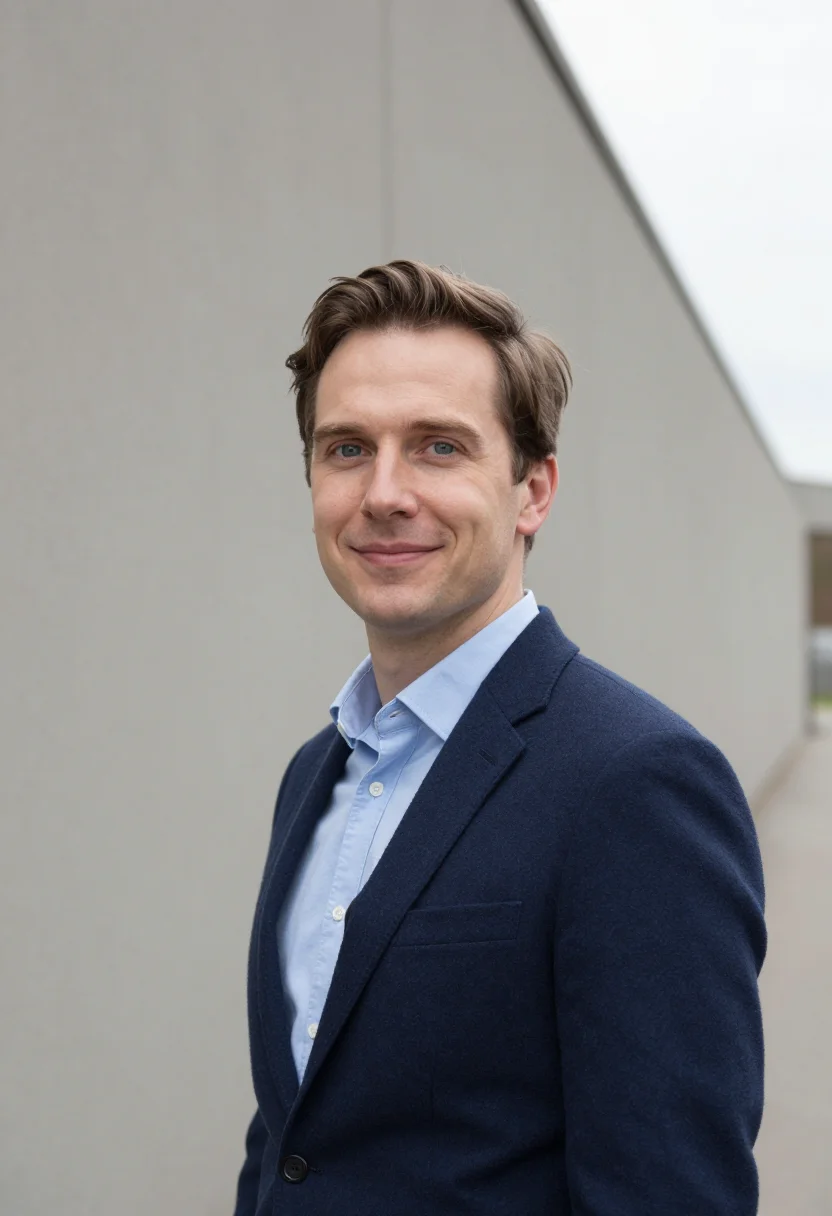 AI overcast daylight headshot sample — head-and-shoulders portrait of a man in his mid-thirties, We