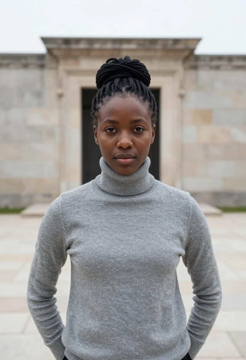 AI overcast daylight headshot sample — chest-up portrait of a woman in her mid-twenties, Black, wit