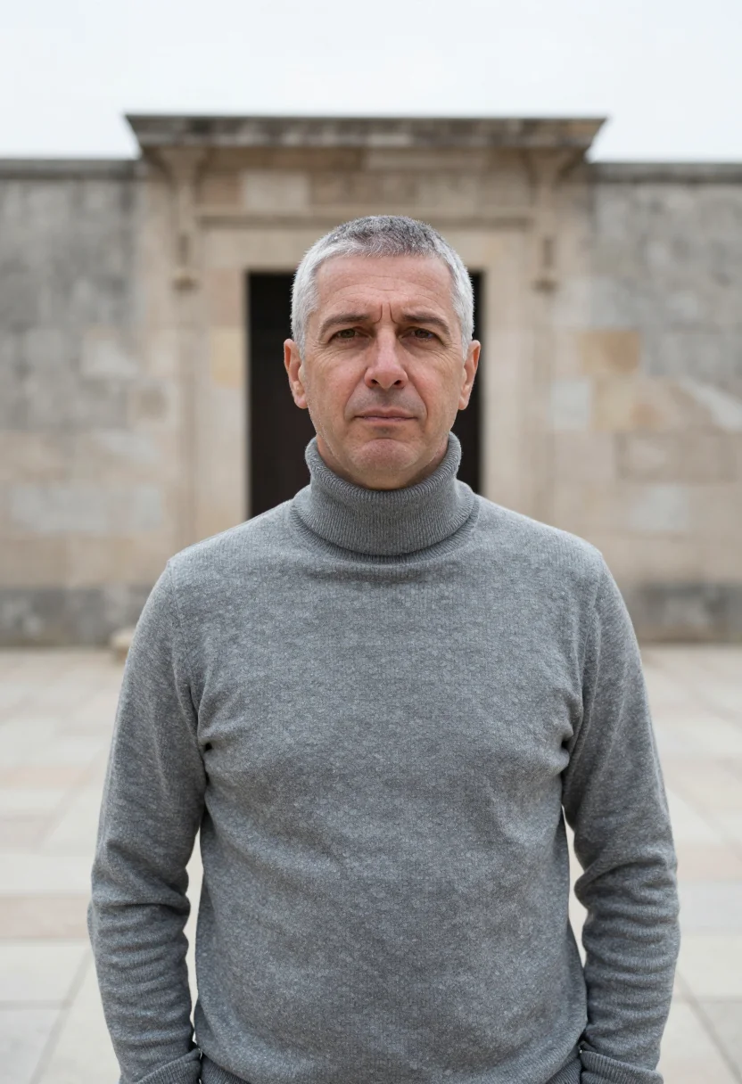 AI overcast daylight headshot sample — chest-up portrait of a man in his early fifties, Western-Eur