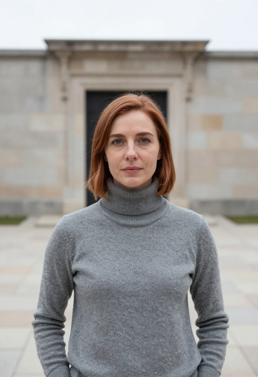 AI overcast daylight headshot sample — chest-up portrait of a woman in her early thirties, Western-