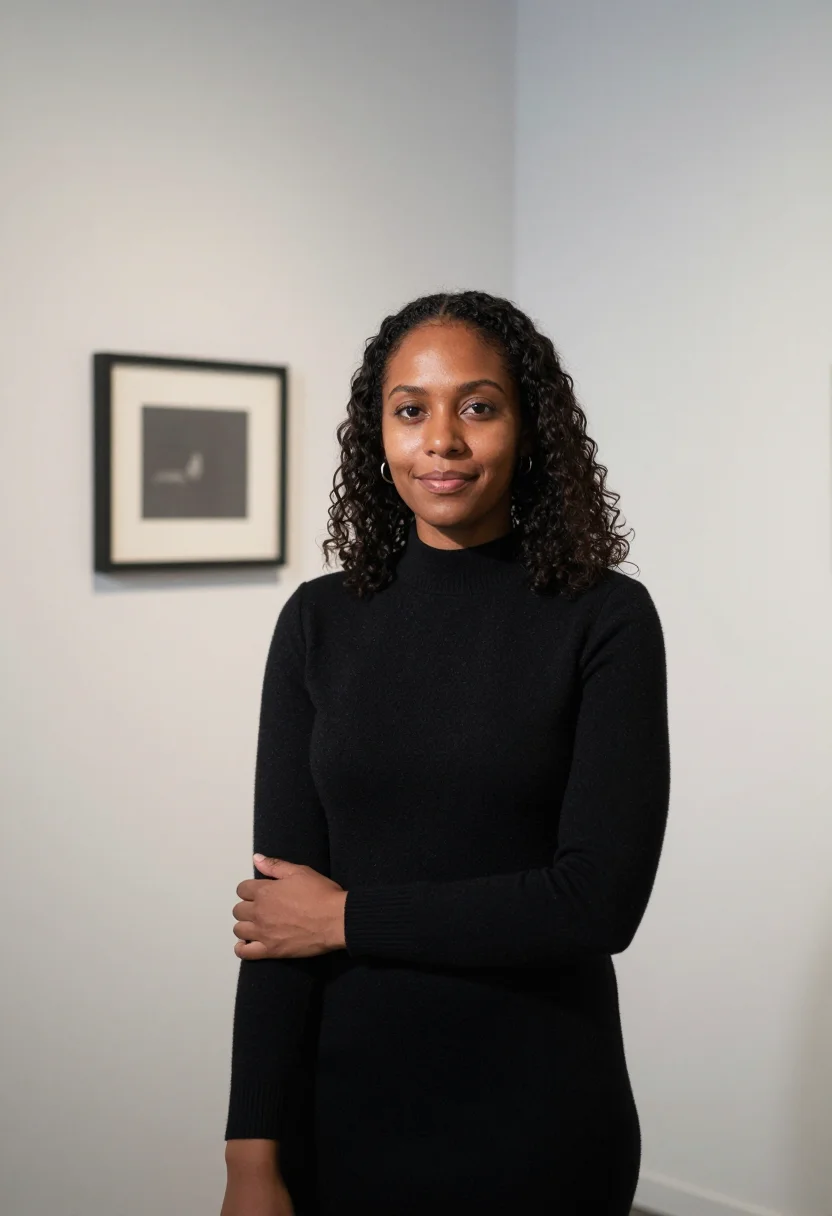 AI own show gallery opening black sample — portrait of a woman, framed half-length from the waist up, t