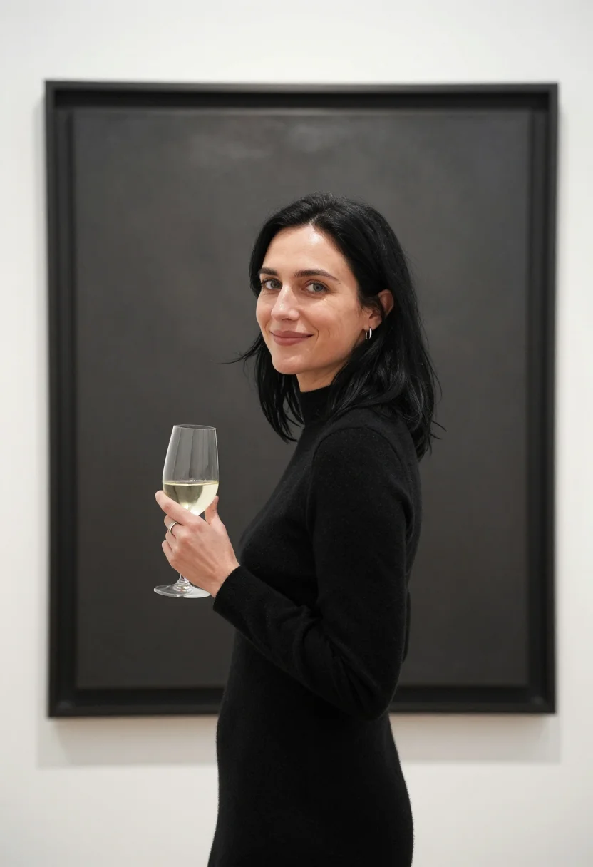 AI own show gallery opening black sample — portrait of a woman, framed chest-up, the crop falling at mi