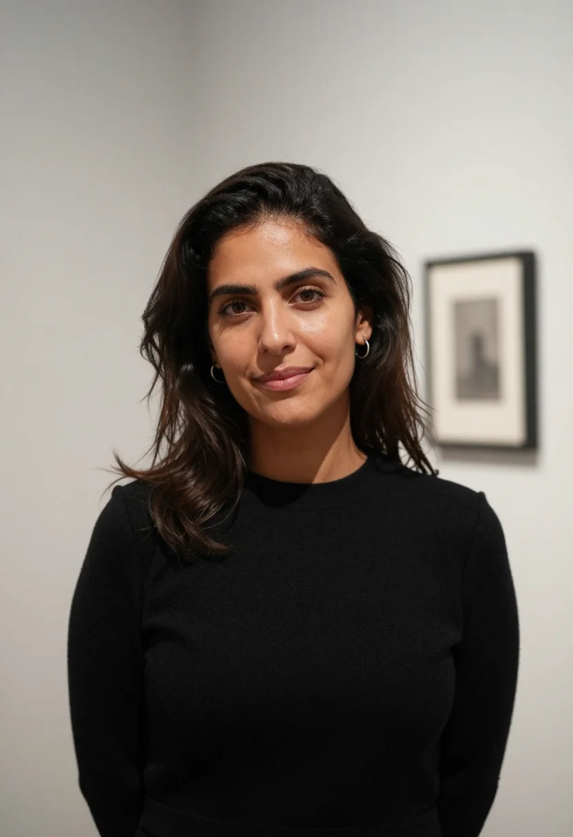 AI own show gallery opening black sample — portrait of a woman, framed tight, head and shoulders, the b
