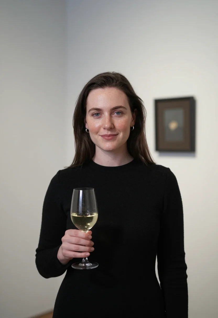 AI own show gallery opening black sample — portrait of a woman, framed chest-up, the crop falling at mi