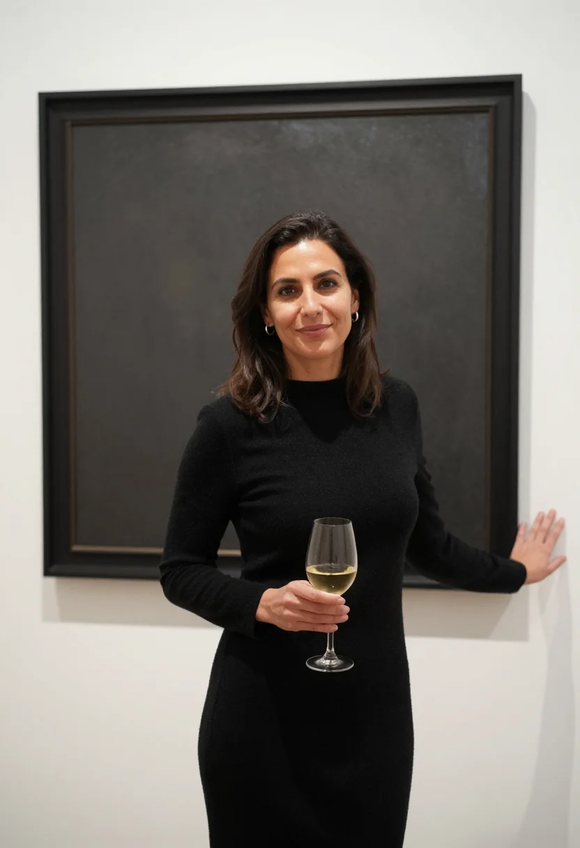 AI own show gallery opening black sample — portrait of a woman, framed half-length from the waist up, t