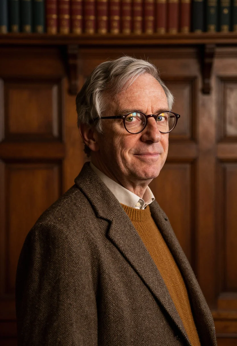 AI oxford don michaelmas tweed sample — portrait of an Oxford don, an Irish man in his mid-sixties w