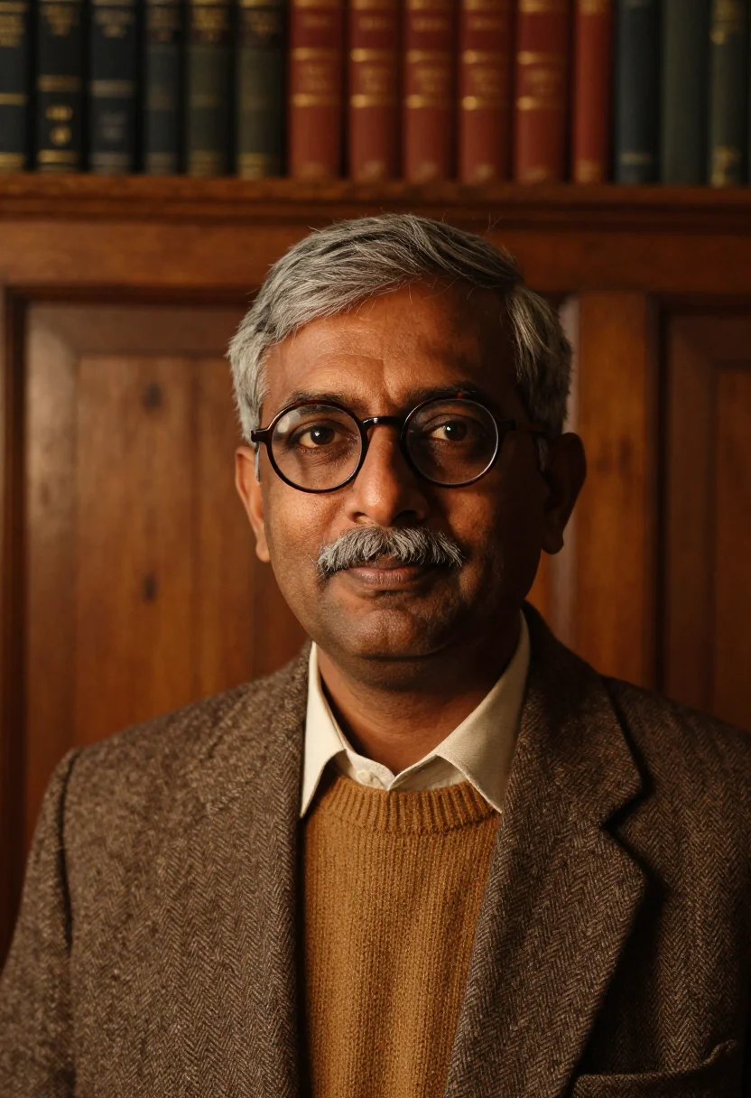 AI oxford don michaelmas tweed sample — portrait of an Oxford don, an Indian-British man in his late