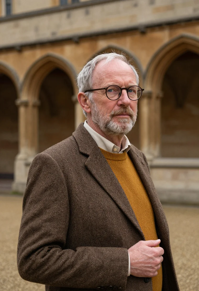 AI oxford don michaelmas tweed sample — portrait of an Oxford don, a Scottish man in his early sixti