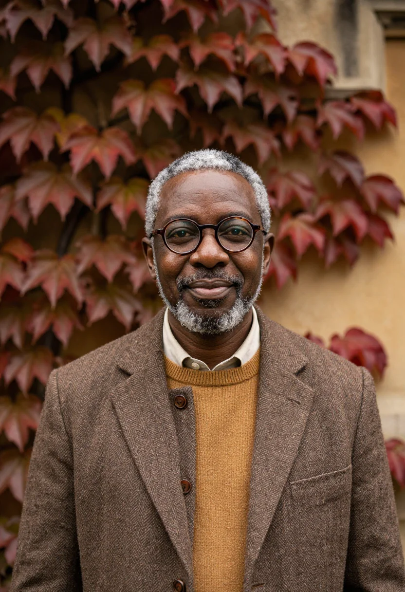 AI oxford don michaelmas tweed sample — portrait of an Oxford don, a Nigerian-British man in his ear