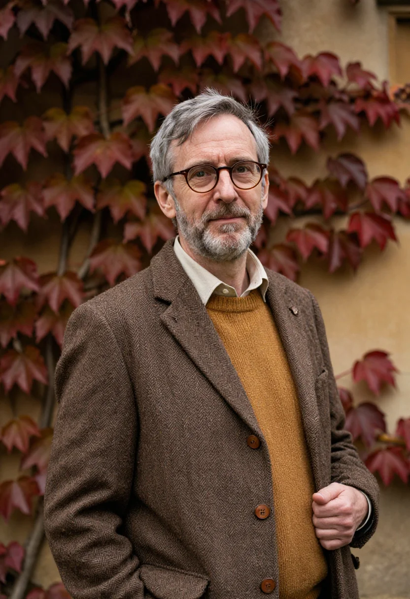 AI oxford don michaelmas tweed sample — portrait of an Oxford don, a Welsh man in his mid-fifties wi