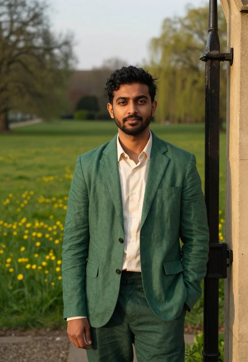 AI oxford trinity term don may green quad sample — portrait of a man, a British-Pakistani man in his mid-thirti