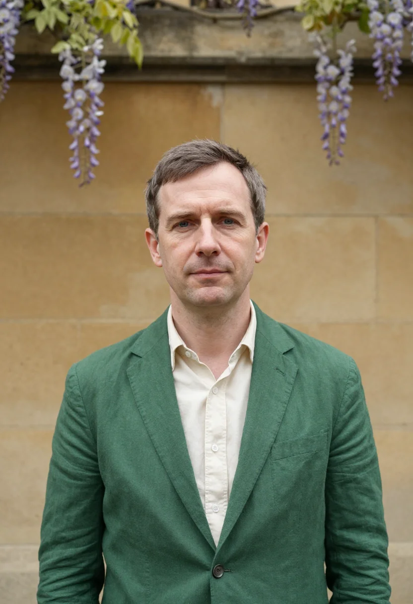 AI oxford trinity term don may green quad sample — portrait of a man, an English man in his early fifties with