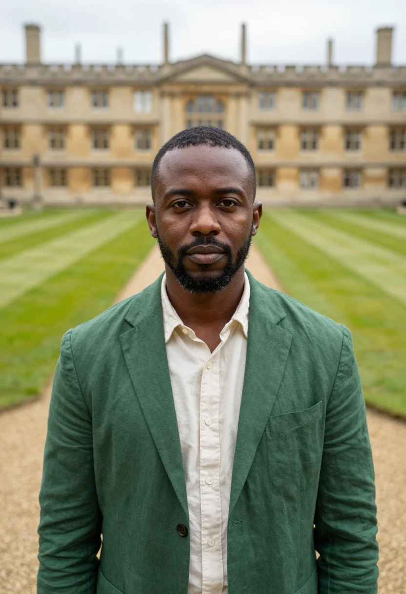 AI oxford trinity term don may green quad sample — portrait of a man, a Black British man in his mid-forties wi