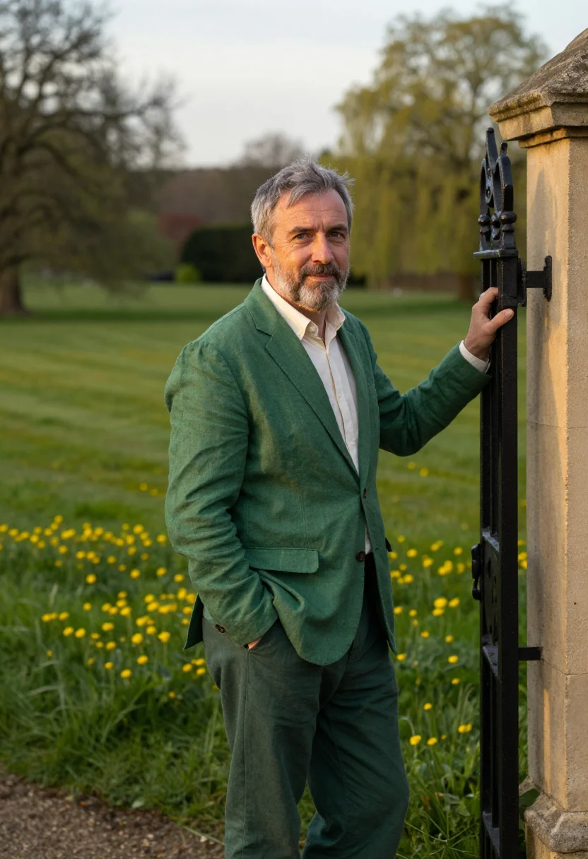 AI oxford trinity term don may green quad sample — portrait of a man, a Welsh man in his late fifties with fair