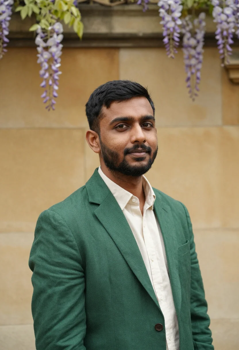 AI oxford trinity term don may green quad sample — portrait of a man, a British-Indian man in his early forties