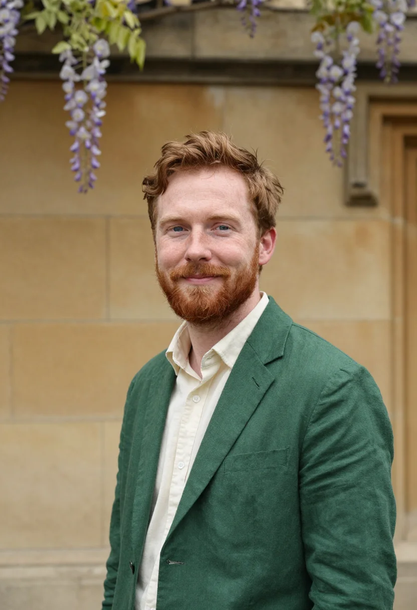 AI oxford trinity term don may green quad sample — portrait of a man, a Scottish man in his late thirties with