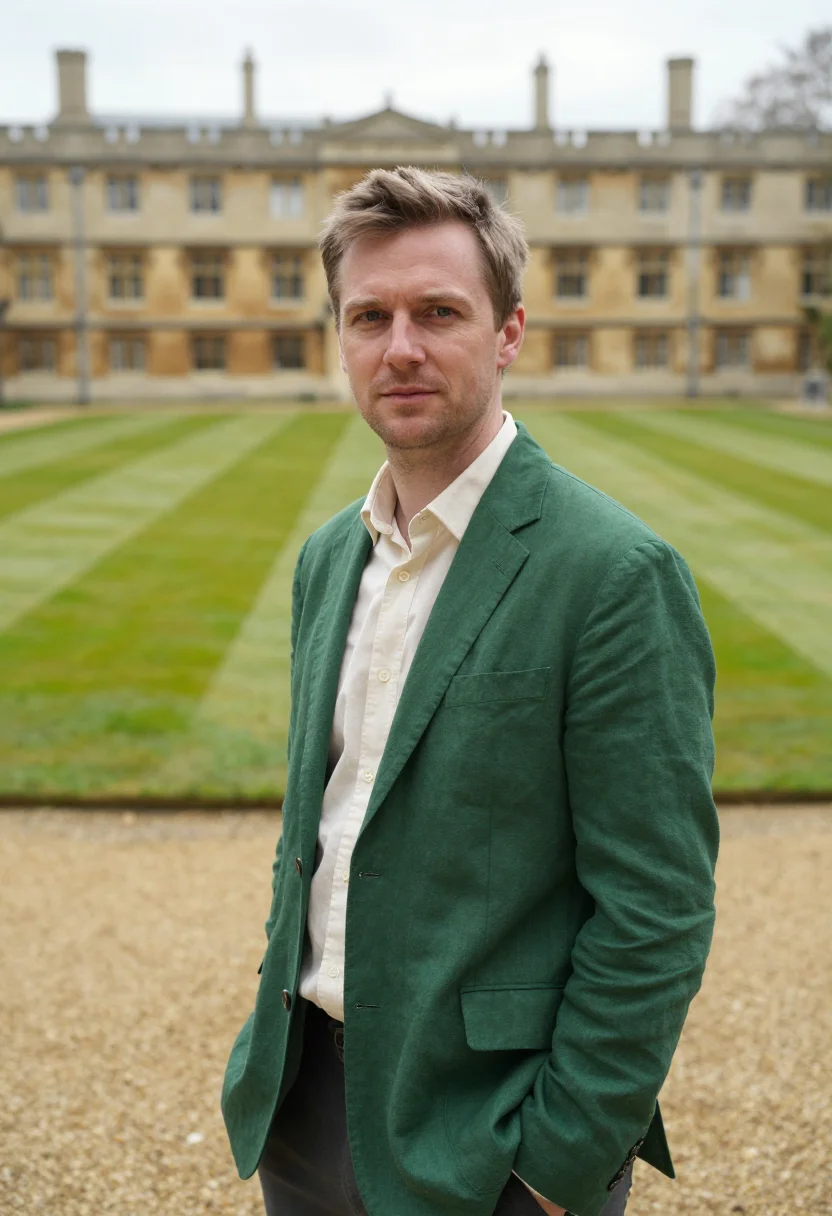 AI oxford trinity term don may green quad sample — portrait of a man, a German man in his late thirties with fa
