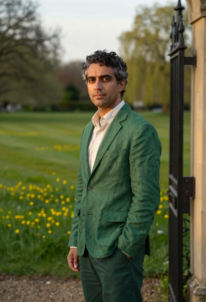 AI oxford trinity term don may green quad sample — portrait of a man, an Italian man in his late forties with o