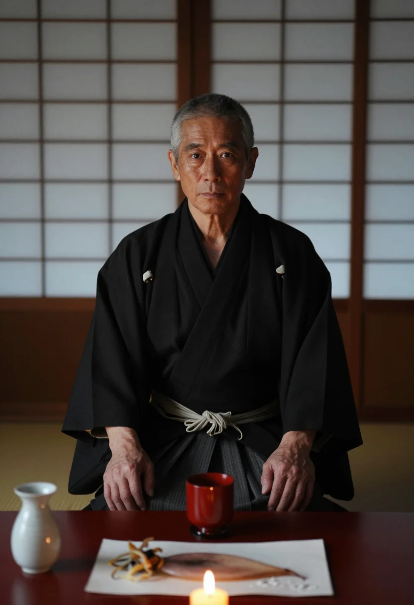 AI oyabun sample — portrait of a man, a Japanese man in his early sixties with