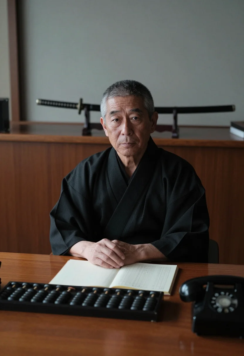AI oyabun sample — portrait of a man, a Japanese man in his early sixties with