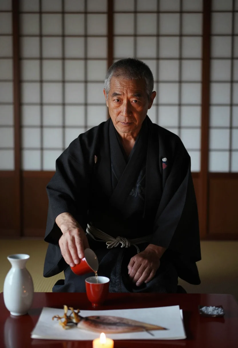 AI oyabun sample — portrait of a man, a Japanese man in his early sixties with