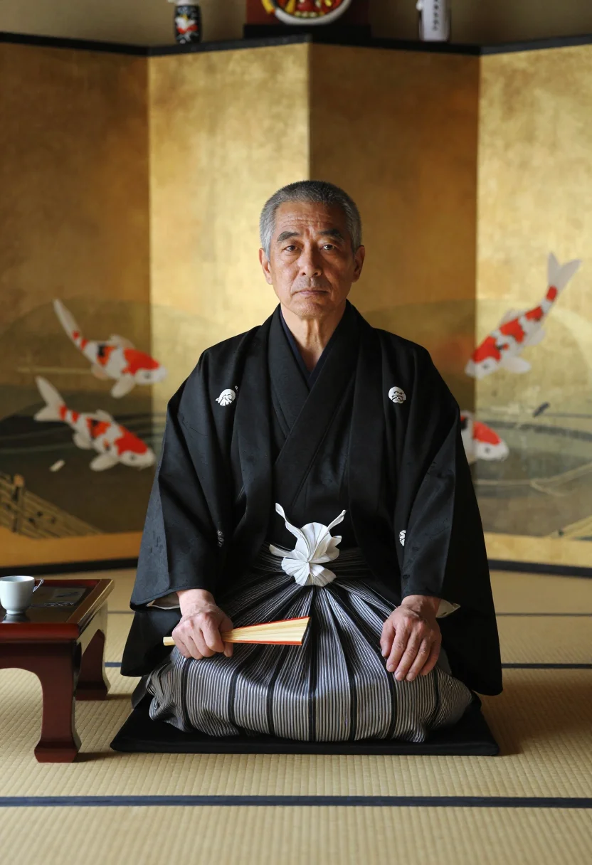 AI oyabun sample — portrait of a man, a Japanese man in his early sixties with
