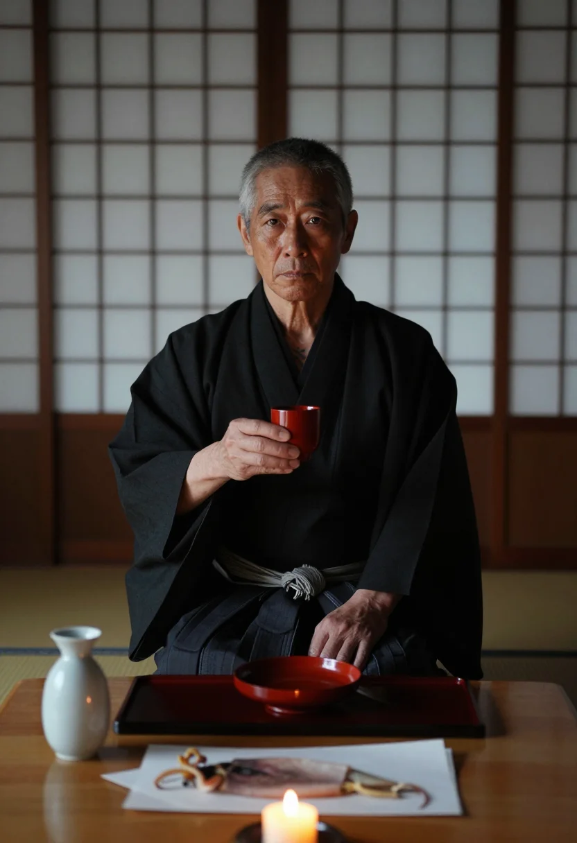 AI oyabun sample — portrait of a man, a Japanese man in his early sixties with