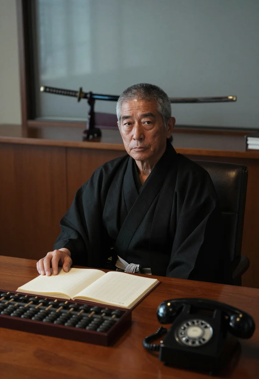 AI oyabun sample — portrait of a man, a Japanese man in his early sixties with